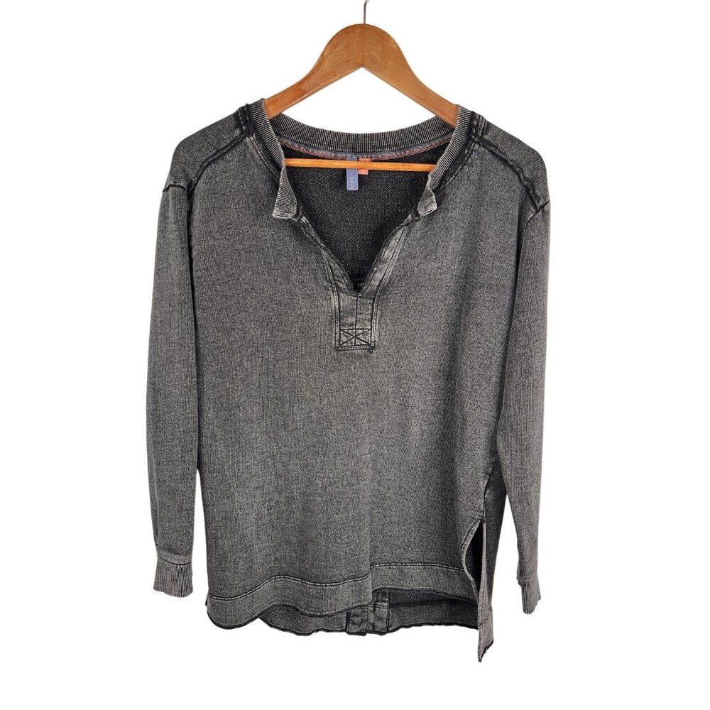 PILCRO Women's Black Faded Edge Split Hem Oversized Sweatshirt Tunic Small